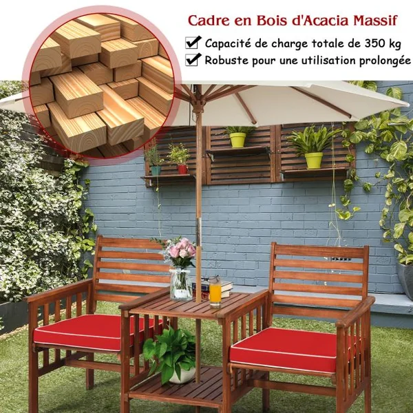Salon de Jardin en Bois d’Acacia 2 Personnes Charge 160KG Ensemble de Meubles avec Table Basse 2 Chaises et Coussin Trou de Parasol de 5CM Blanc/Rouge