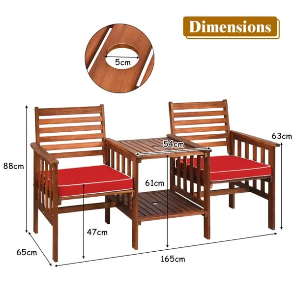Salon de Jardin en Bois d’Acacia 2 Personnes Charge 160KG Ensemble de Meubles avec Table Basse 2 Chaises et Coussin Trou de Parasol de 5CM Blanc/Rouge