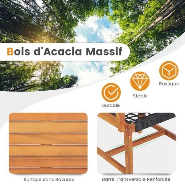 Salon de Jardin en Bois d’Acacia et en Plastique 2 Fauteuils et 1 Table Basse Résistante aux Intempéries Charge 160KG
