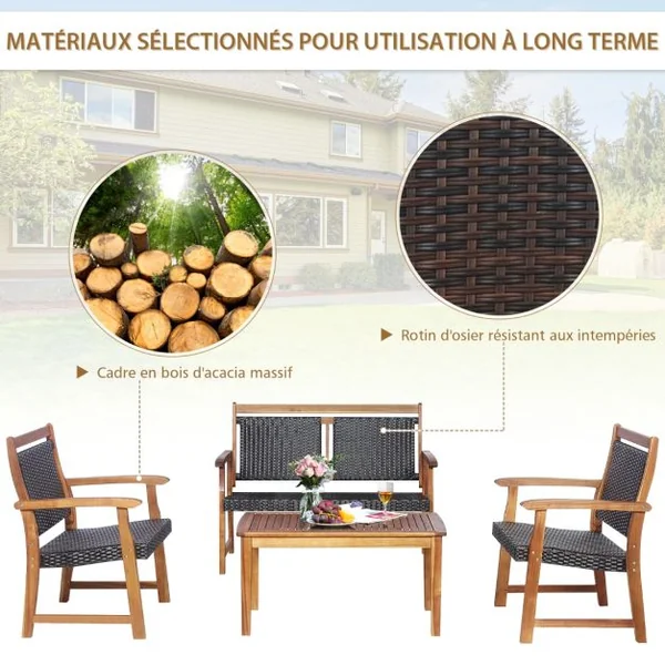 Salon de Jardin en Bois d'Acacia et Rotin PE 2 Fauteuils 1 Banc et 1 Table Basse Résistant aux Intempéries Marron
