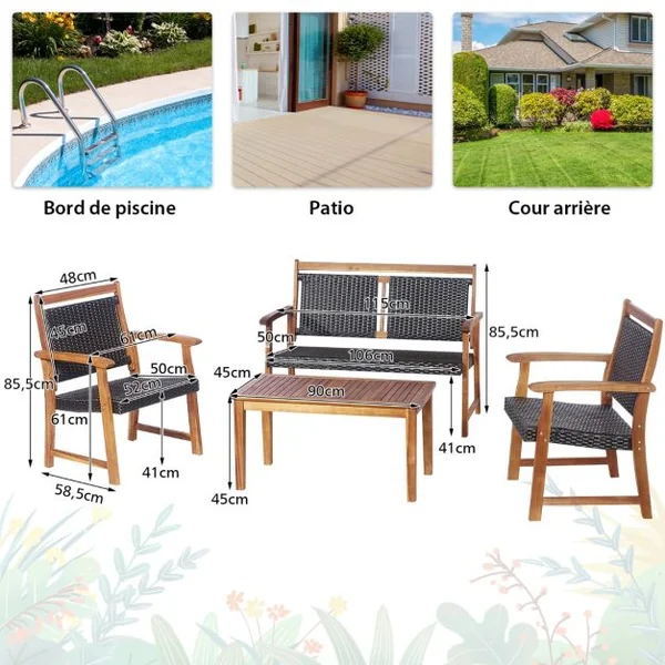 Salon de Jardin en Bois d'Acacia et Rotin PE 2 Fauteuils 1 Banc et 1 Table Basse Résistant aux Intempéries Marron