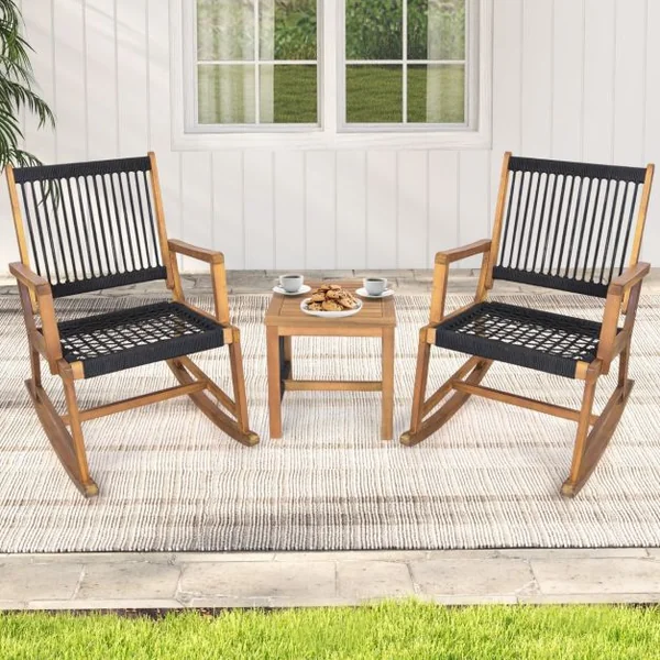 Salon de Jardin en Bois d’Acacia et Tissé en Corde 2 Fauteuils à Bascule et 1 Table Basse Résistant aux Intempéries