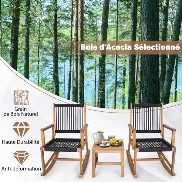 Salon de Jardin en Bois d’Acacia et Tissé en Corde 2 Fauteuils à Bascule et 1 Table Basse Résistant aux Intempéries