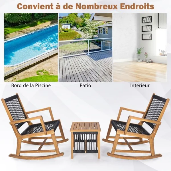Salon de Jardin en Bois d’Acacia et Tissé en Corde 2 Fauteuils à Bascule et 1 Table Basse Résistant aux Intempéries