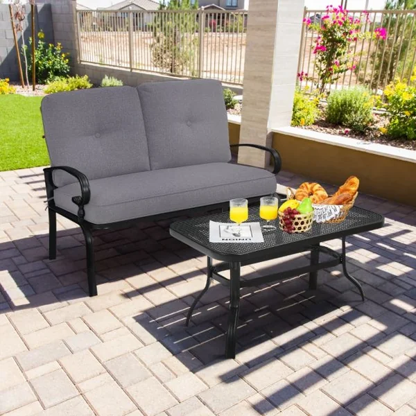 Salon de Jardin en Métal 2 Pièces avec Table Basse et Coussin en Éponge Ensemble de Canapés de Terrasse pour 2 Personnes