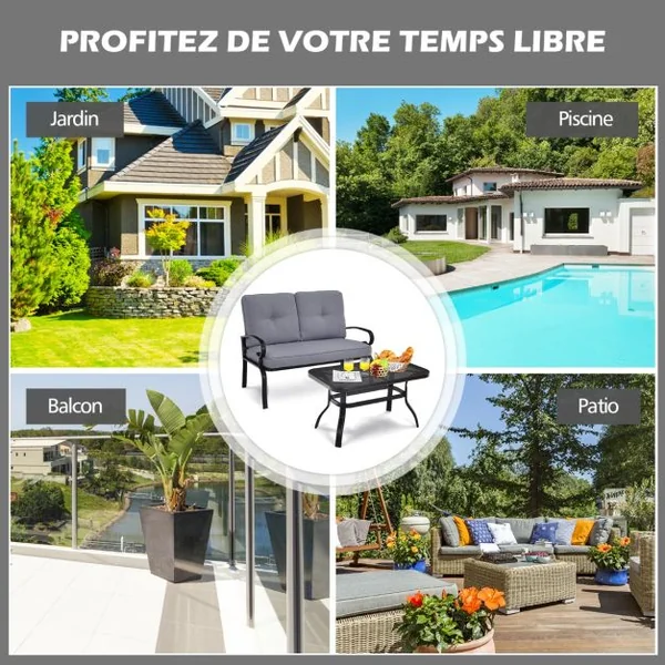 Salon de Jardin en Métal 2 Pièces avec Table Basse et Coussin en Éponge Ensemble de Canapés de Terrasse pour 2 Personnes