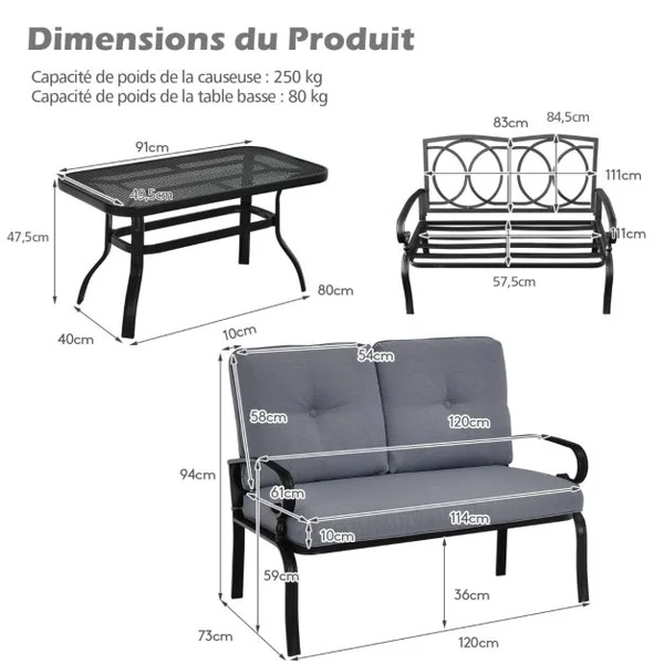 Salon de Jardin en Métal 2 Pièces avec Table Basse et Coussin en Éponge Ensemble de Canapés de Terrasse pour 2 Personnes