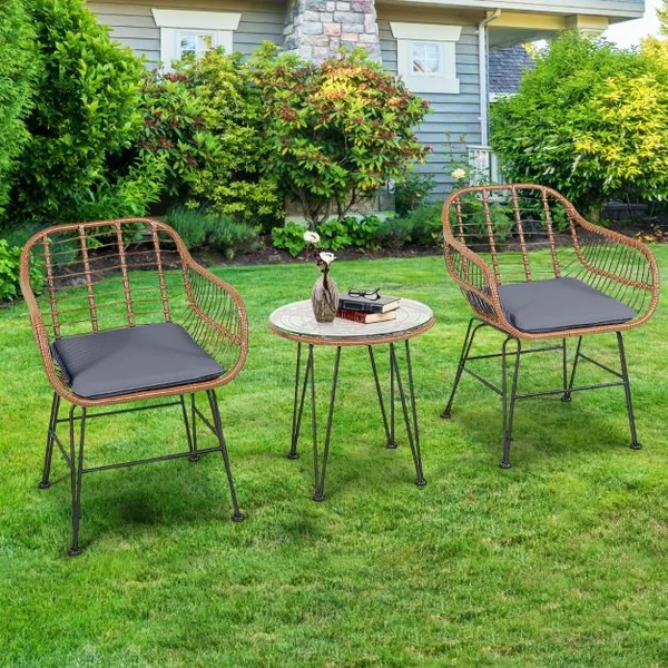 Salon de Jardin en Rotin 2 Fauteuil + 1 Table Basse Coussins Amovibles Style Bali Coloris Gris