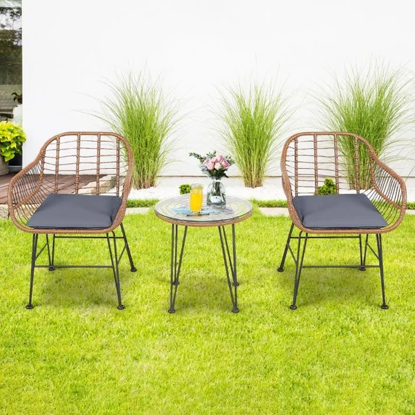 Salon de Jardin en Rotin 2 Fauteuil + 1 Table Basse Coussins Amovibles Style Bali Coloris Gris
