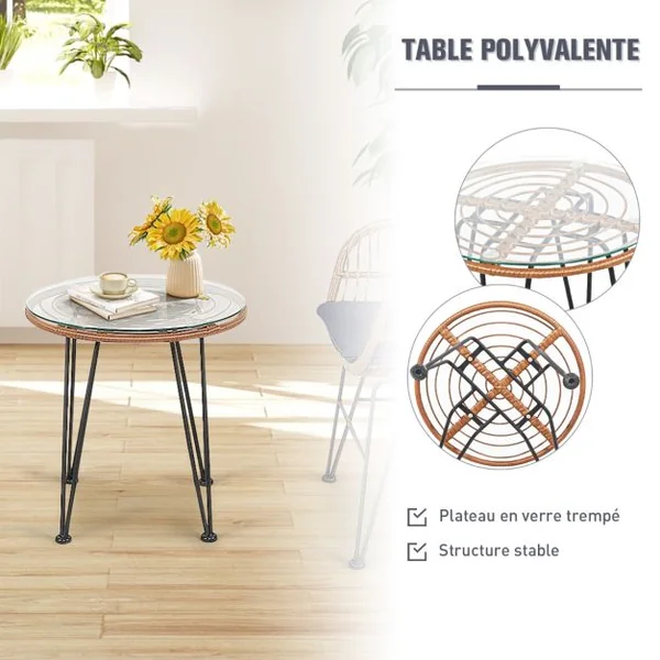 Salon de Jardin en Rotin 2 Fauteuil + 1 Table Basse Coussins Amovibles Style Bali Coloris Gris