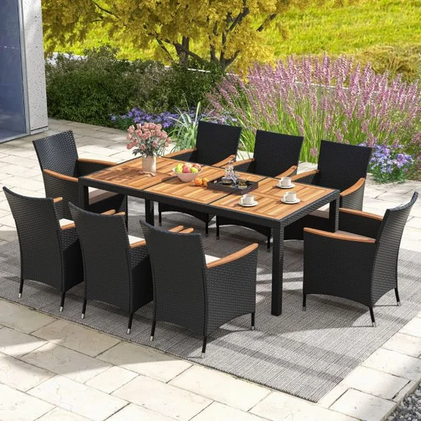 Salon de Jardin en Rotin 9 Pièces Plateau de Table en Acacia Ensemble de Salle à Manger avec Coussins Amovibles Trou Charge 180KG Beige+Noir