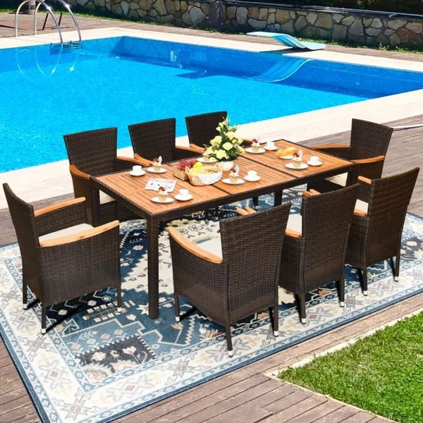 Salon de Jardin en Rotin 9 Pièces pour 8 Personnes Plateau de Table en Acacia Ensemble de Salle à Manger avec Coussins Amovibles Charge 160KG