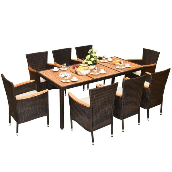 Salon de Jardin en Rotin 9 Pièces pour 8 Personnes Plateau de Table en Acacia Ensemble de Salle à Manger avec Coussins Amovibles Charge 160KG