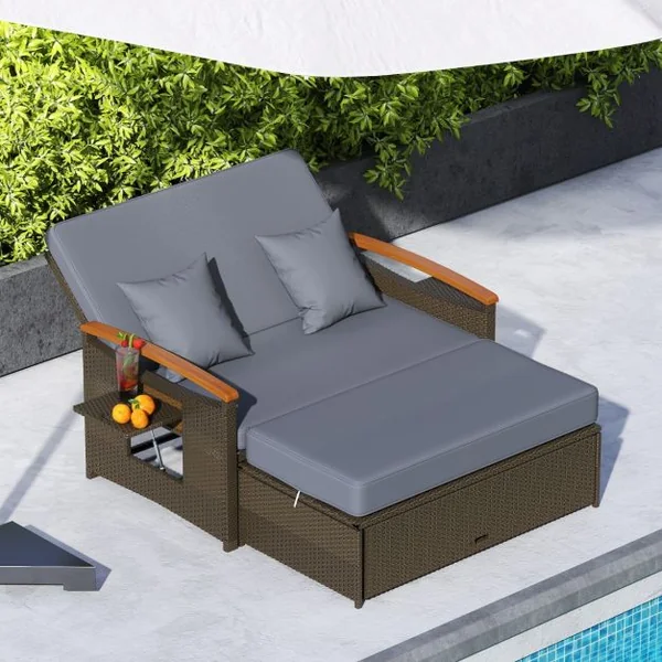 Salon de Jardin en Rotin PE Ottoman de Rangement Dossier Réglable à 4 Positions Plateau Latéral Rétractable Beige/Noir/Gris