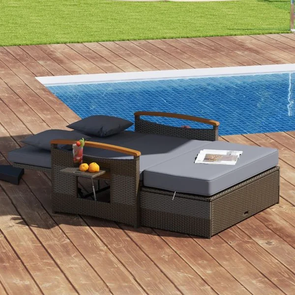 Salon de Jardin en Rotin PE Ottoman de Rangement Dossier Réglable à 4 Positions Plateau Latéral Rétractable Beige/Noir/Gris