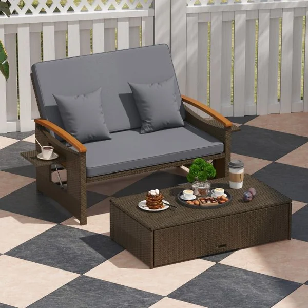 Salon de Jardin en Rotin PE Ottoman de Rangement Dossier Réglable à 4 Positions Plateau Latéral Rétractable Beige/Noir/Gris