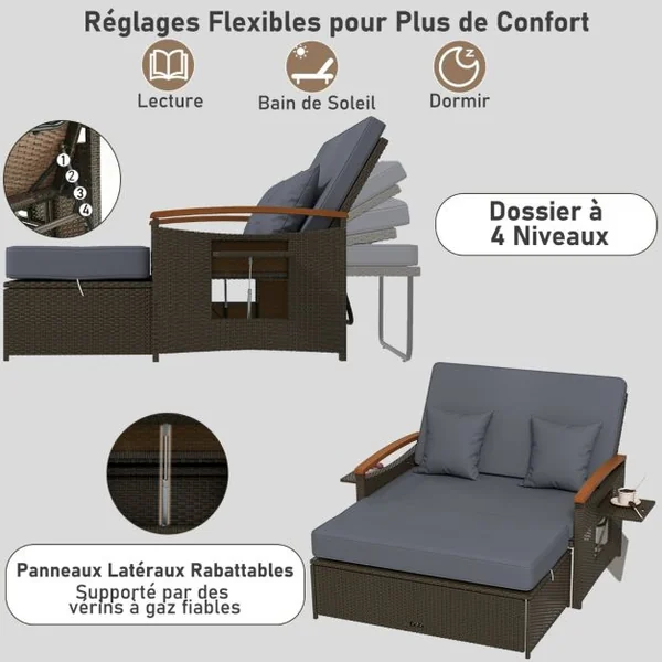 Salon de Jardin en Rotin PE Ottoman de Rangement Dossier Réglable à 4 Positions Plateau Latéral Rétractable Beige/Noir/Gris
