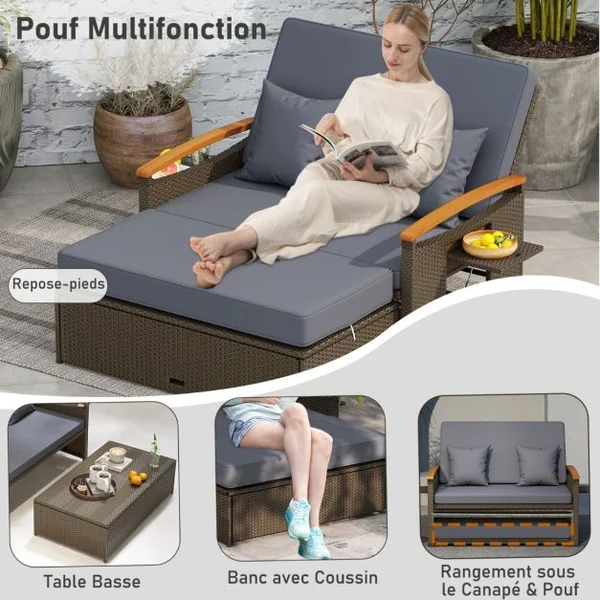 Salon de Jardin en Rotin PE Ottoman de Rangement Dossier Réglable à 4 Positions Plateau Latéral Rétractable Beige/Noir/Gris