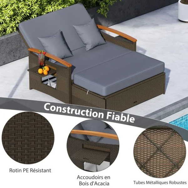 Salon de Jardin en Rotin PE Ottoman de Rangement Dossier Réglable à 4 Positions Plateau Latéral Rétractable Beige/Noir/Gris