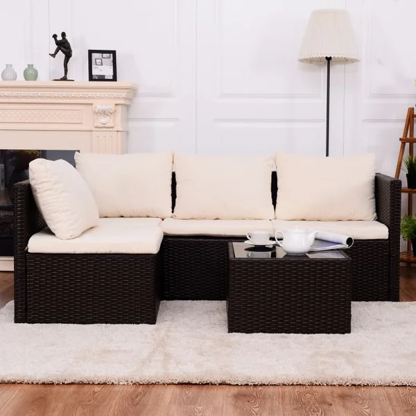 Salon de Jardin en Résine Tressée 2 Fauteuils Simples 1 Causeuse 1 table Coussins Beige en Poly Rotin et Rer Marron
