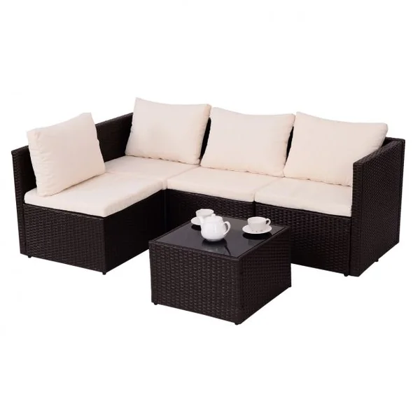 Salon de Jardin en Résine Tressée 2 Fauteuils Simples 1 Causeuse 1 table Coussins Beige en Poly Rotin et Rer Marron