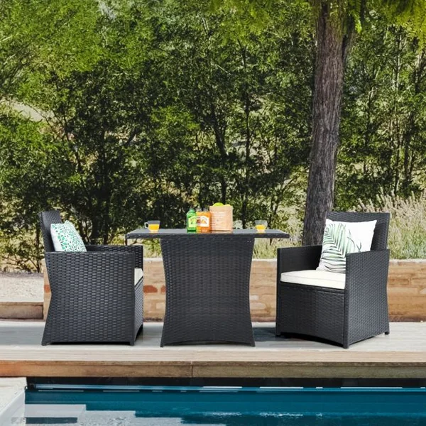 Salon de Jardin Exterieur 3 Pièces en Rotin PE avec Coussin Amovible 2 Fauteuils et 1 Table Basse Inclus Peu Encombrant