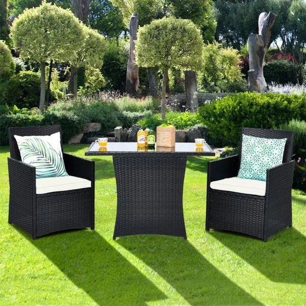 Salon de Jardin Exterieur 3 Pièces en Rotin PE avec Coussin Amovible 2 Fauteuils et 1 Table Basse Inclus Peu Encombrant