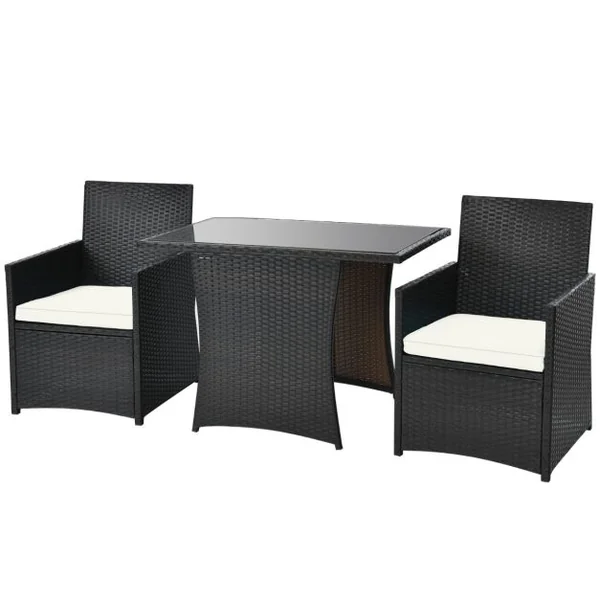 Salon de Jardin Exterieur 3 Pièces en Rotin PE avec Coussin Amovible 2 Fauteuils et 1 Table Basse Inclus Peu Encombrant