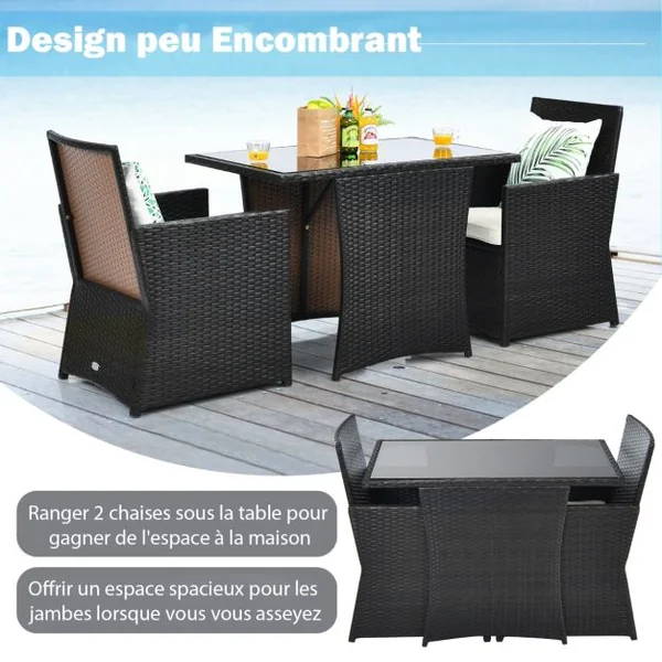 Salon de Jardin Exterieur 3 Pièces en Rotin PE avec Coussin Amovible 2 Fauteuils et 1 Table Basse Inclus Peu Encombrant