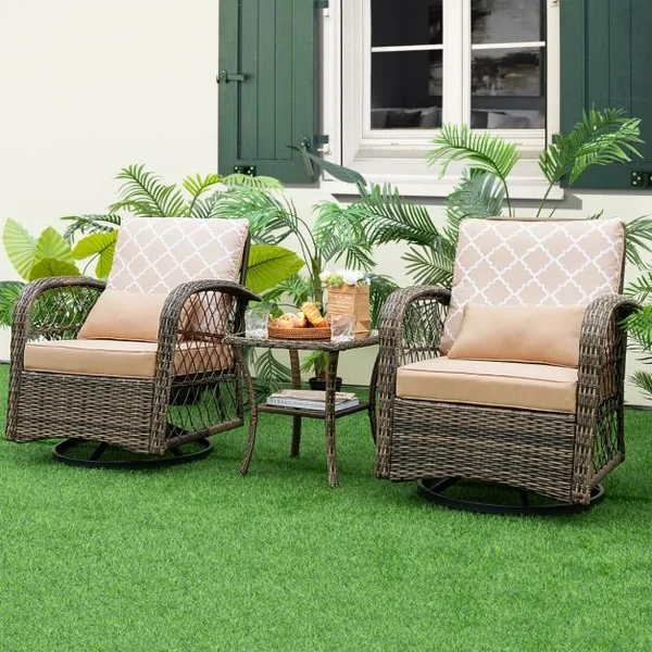 Salon de Jardin Extérieur 3PCS - 2 en Fauteuils à Bascule Pivotant à 360°Rotin PE Cadre Métal our Terrasse Balcon