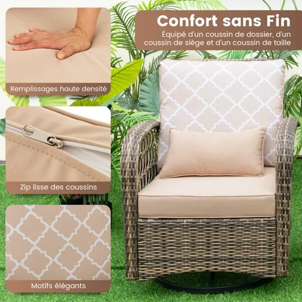 Salon de Jardin Extérieur 3PCS - 2 en Fauteuils à Bascule Pivotant à 360°Rotin PE Cadre Métal our Terrasse Balcon
