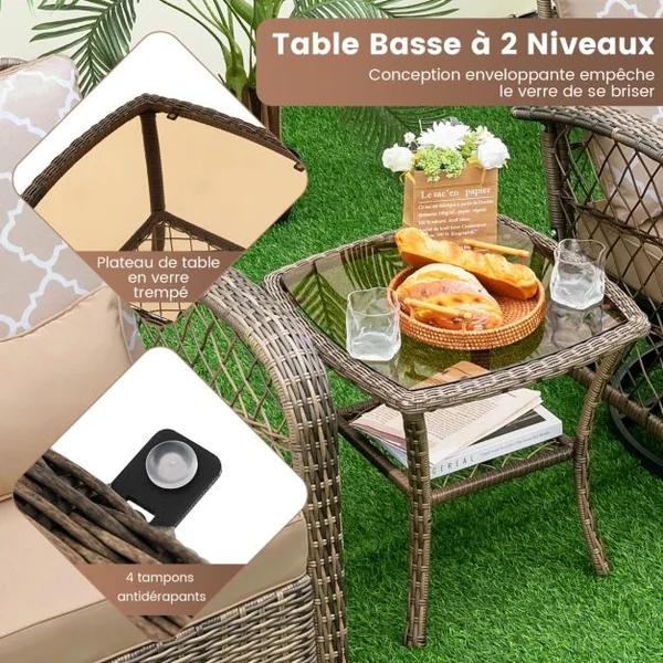 Salon de Jardin Extérieur 3PCS - 2 en Fauteuils à Bascule Pivotant à 360°Rotin PE Cadre Métal our Terrasse Balcon