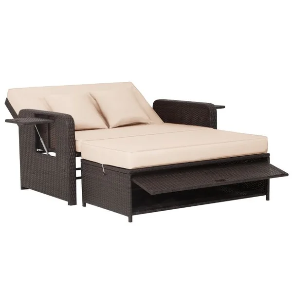 Salon de Jardin Extérieur Ajustable à Lit, 2 Place avec Stockage Caché, Dossier Réglable à 4 Niveaux en Rotin PE