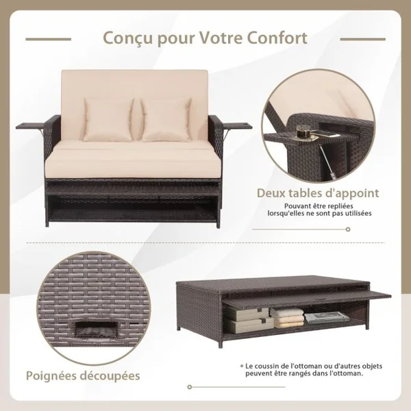 Salon de Jardin Extérieur Ajustable à Lit, 2 Place avec Stockage Caché, Dossier Réglable à 4 Niveaux en Rotin PE