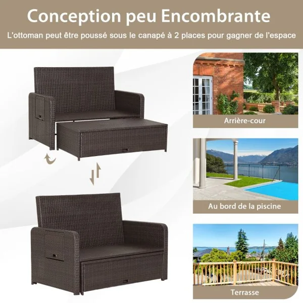 Salon de Jardin Extérieur Ajustable à Lit, 2 Place avec Stockage Caché, Dossier Réglable à 4 Niveaux en Rotin PE