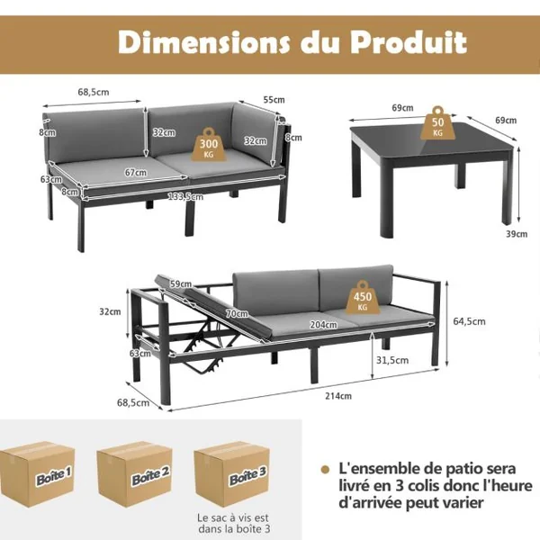 Salon de Jardin Extérieur avec Table Basse en Verre Trempé Canapéavec Dossier Inclinable à 6 Niveaux Coussins Inclus Gris