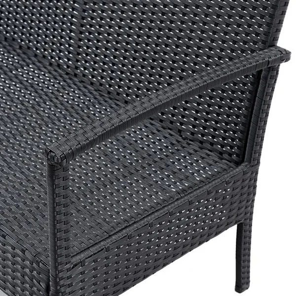 Salon de Jardin Imitation Rotin en Fer 1 Table Basse Verre Trempé 2 Fauteuils Simples 1 Causeuse avec Coussins Gris