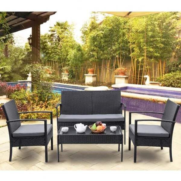 Salon de Jardin Imitation Rotin en Fer 1 Table Basse Verre Trempé 2 Fauteuils Simples 1 Causeuse avec Coussins Gris