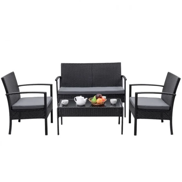 Salon de Jardin Imitation Rotin en Fer 1 Table Basse Verre Trempé 2 Fauteuils Simples 1 Causeuse avec Coussins Gris