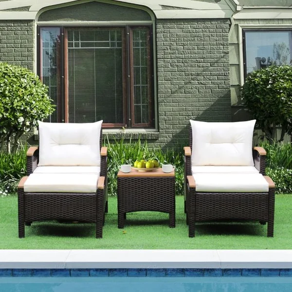 Salon de Jarin 5 Pcs en Polyrotin Anti-UV 2-4 Personnes avec Coussins 2 Fauteuils 2 Tabourets et 1 Table Basses Marron