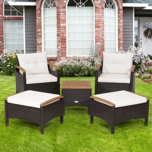 Salon de Jarin 5 Pcs en Polyrotin Anti-UV 2-4 Personnes avec Coussins 2 Fauteuils 2 Tabourets et 1 Table Basses Marron
