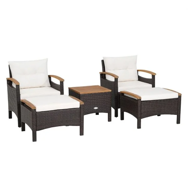 Salon de Jarin 5 Pcs en Polyrotin Anti-UV 2-4 Personnes avec Coussins 2 Fauteuils 2 Tabourets et 1 Table Basses Marron