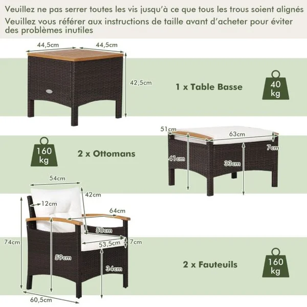 Salon de Jarin 5 Pcs en Polyrotin Anti-UV 2-4 Personnes avec Coussins 2 Fauteuils 2 Tabourets et 1 Table Basses Marron