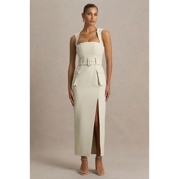 Sandra | Robe longue nude coupe tailleur encolure carrée avec fente haute sur le devant