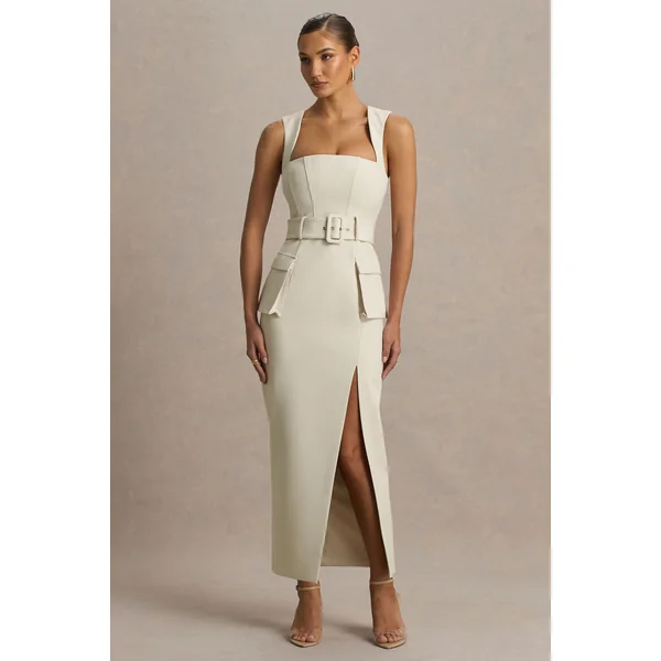Sandra | Robe longue nude coupe tailleur encolure carrée avec fente haute sur le devant