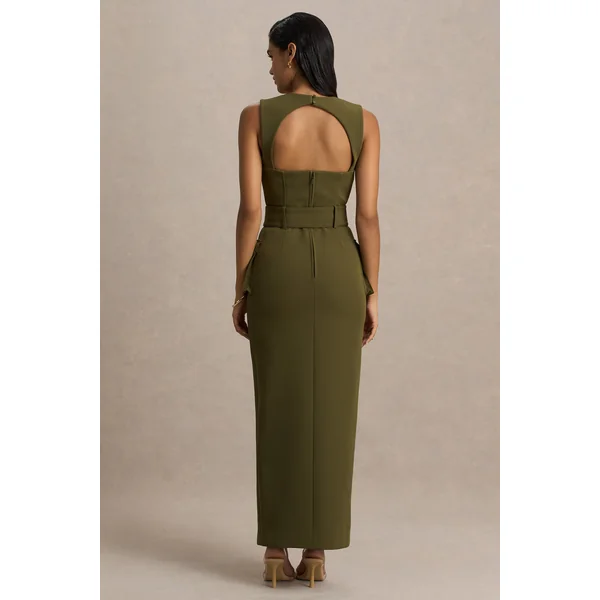 Sandra | Robe longue olive ajustée à encolure carrée et fente haute devant