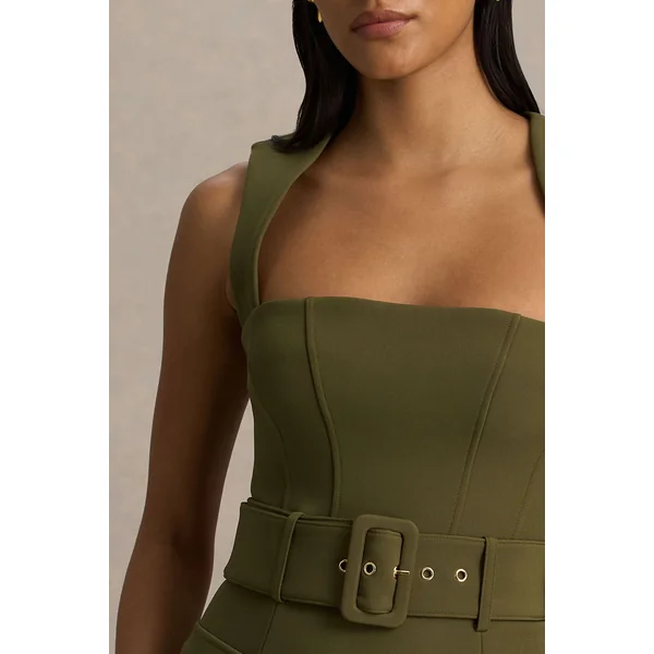 Sandra | Robe longue olive ajustée à encolure carrée et fente haute devant