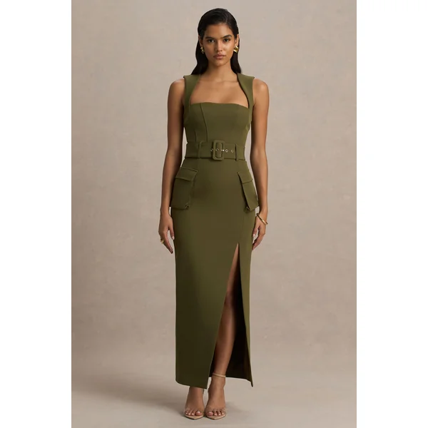 Sandra | Robe longue olive ajustée à encolure carrée et fente haute devant
