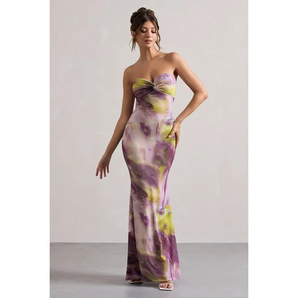 Santiago | Robe longue torsadée à imprimé lilas sans bretelles