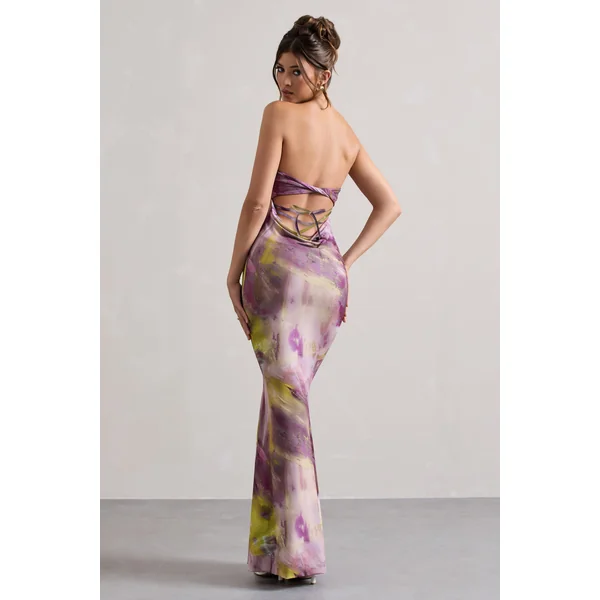 Santiago | Robe longue torsadée à imprimé lilas sans bretelles
